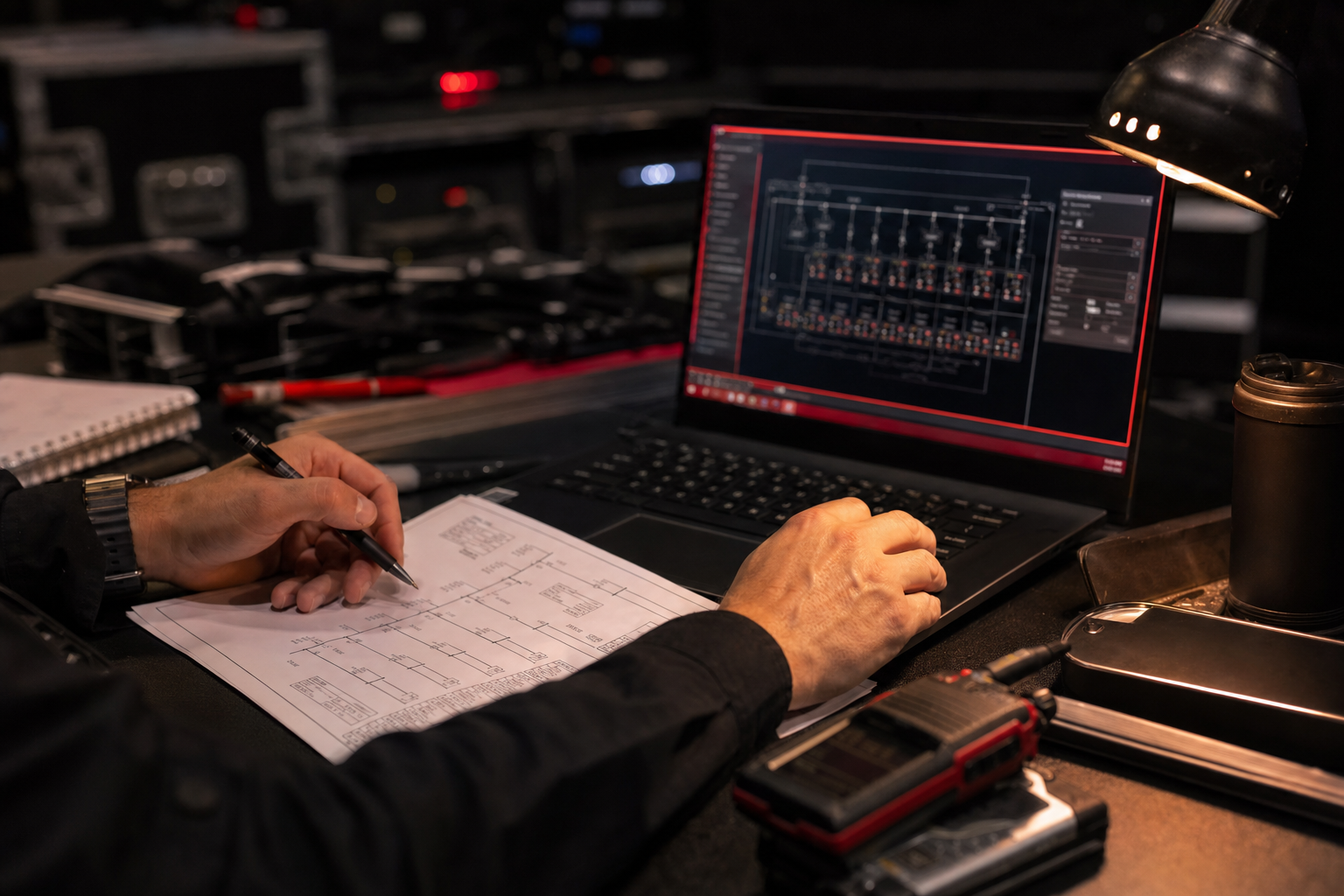 An engineer reviewing a single-line power distribution diagram on a laptop and printed schematic
